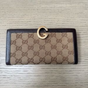 Gucci GG Canvas Continental Wallet Brown Leather Gold Hardware